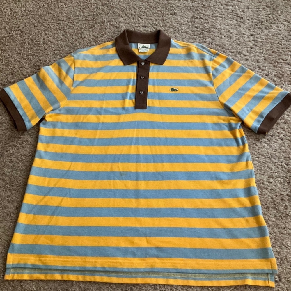 Lacoste Men’s Polo Color Heather Striped With Brown Collar Size 7 Lacoste